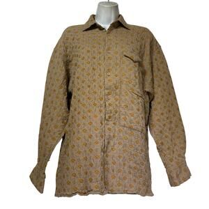 India Small Quilted Button Up Shirt Beige Yellow Blue Floral Boho Vintage